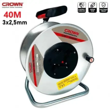 Enrouleur de câble d'extension Crown 40 m, 3 x 1,5 mm², 3 sorties,