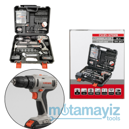 تصميم بدون عنوان (19) Coffret d’outils CROWN 126 pièces avec perceuse-visseuse sans fil 12V – CK21-XA126